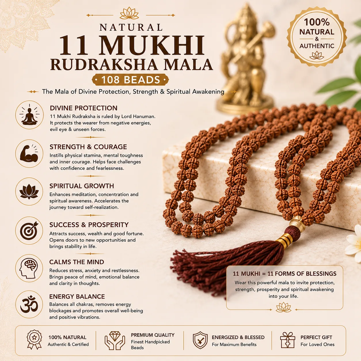 Natural 11 Mukhi Rudraksha Mala 54 Beads
