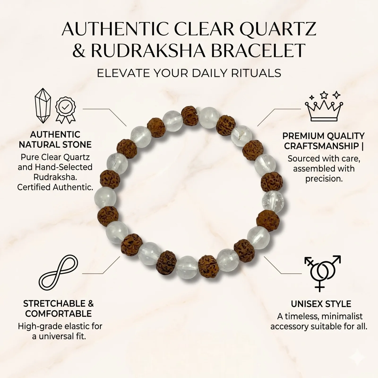 5 Mukhi Rudraksha & Sphatik Bracelet 8 MM Beads