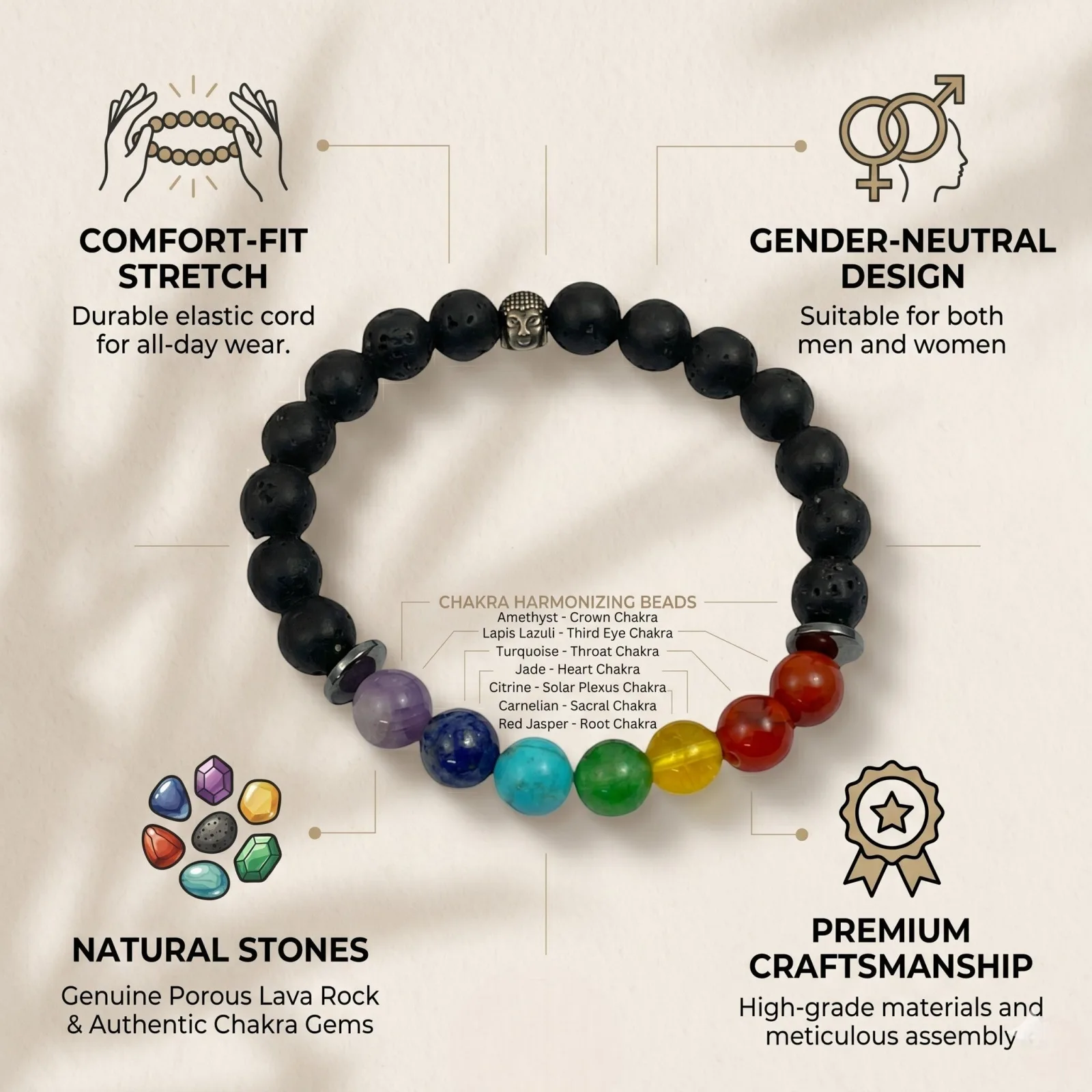 7 Chakra With Lava Bracelet 8 mm Beads