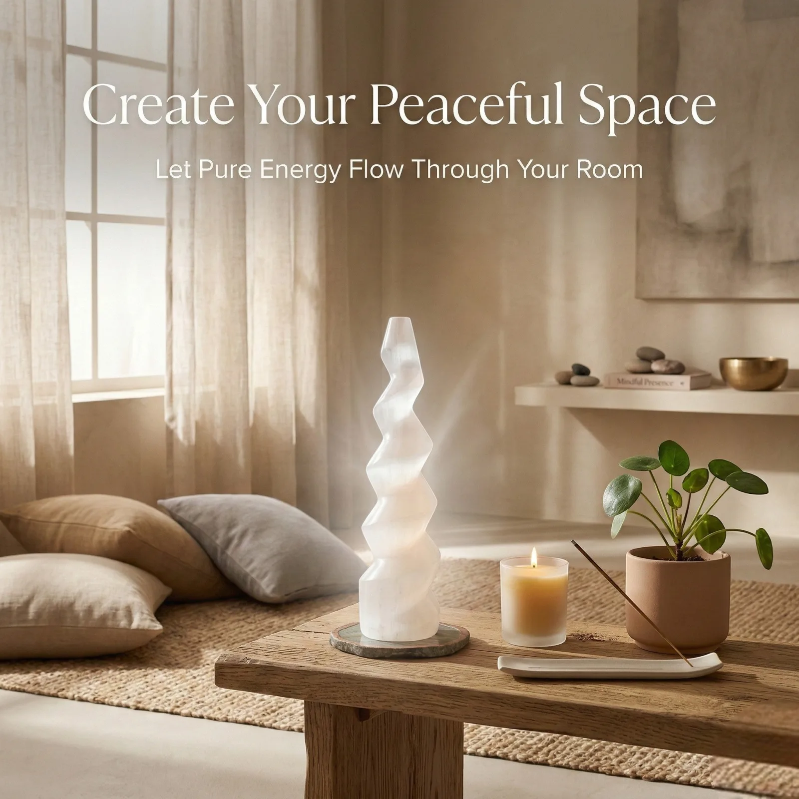 Selenite Spiral Tower - 15.24 cm Handcrafted Crystal for Reiki, Healing