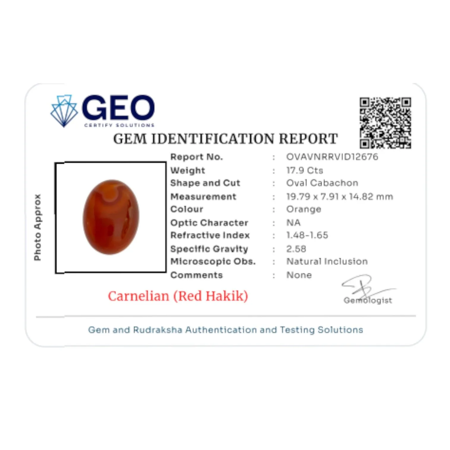 Carnelian Oval Cabachon - 17.9 Carat