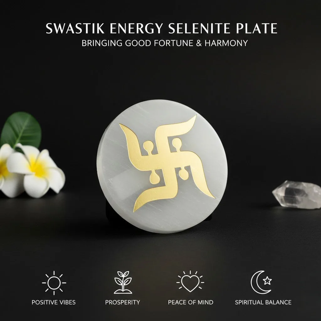 Swastik selenite Golden Circle plate