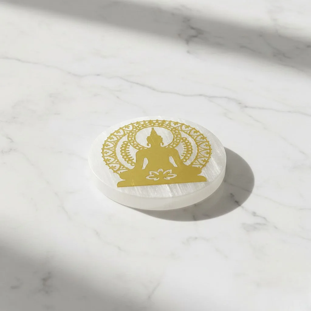 Buddha selenite Golden Circle plate