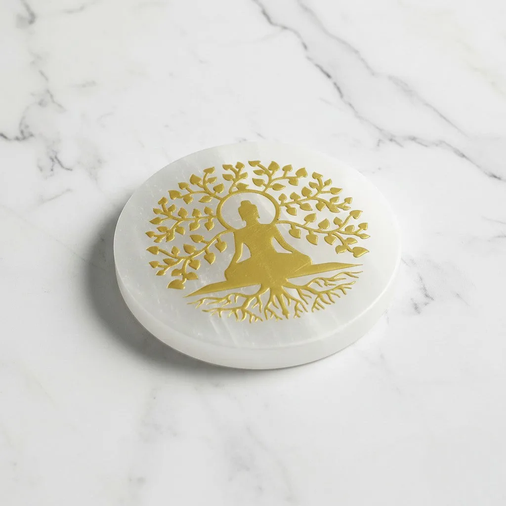 Tree Buddha selenite Golden Circle plate