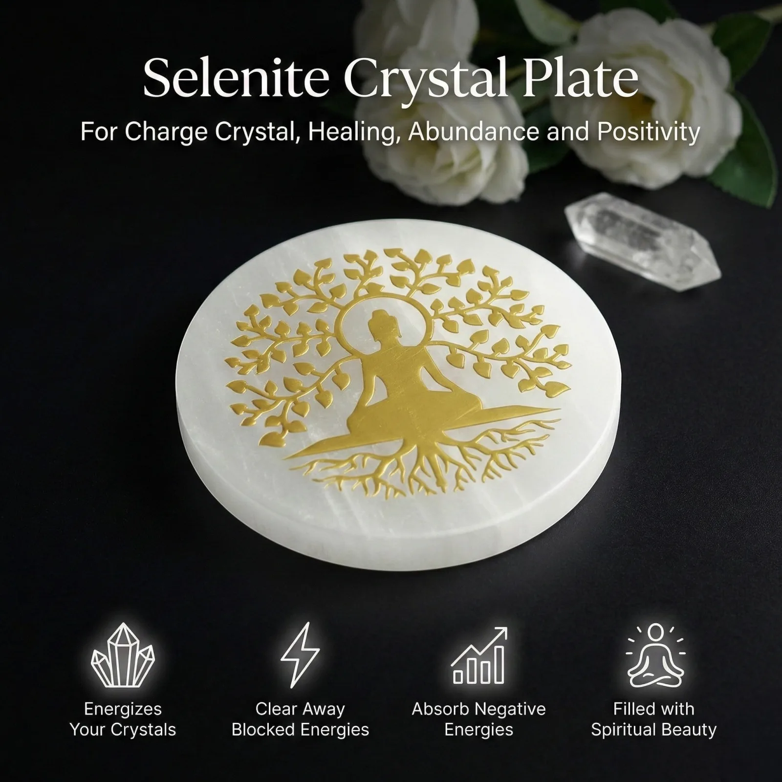 Tree Buddha selenite Golden Circle plate