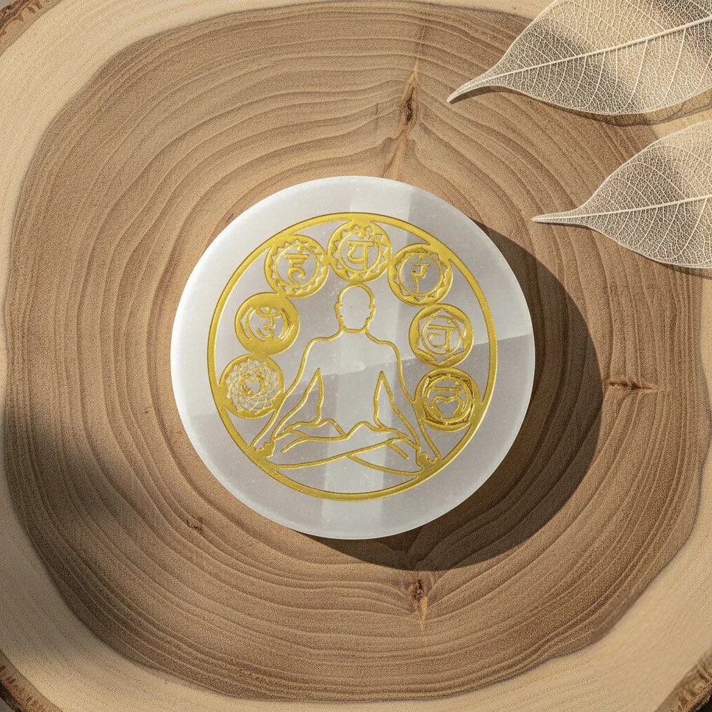 7 Chakras selenite Golden Circle plate