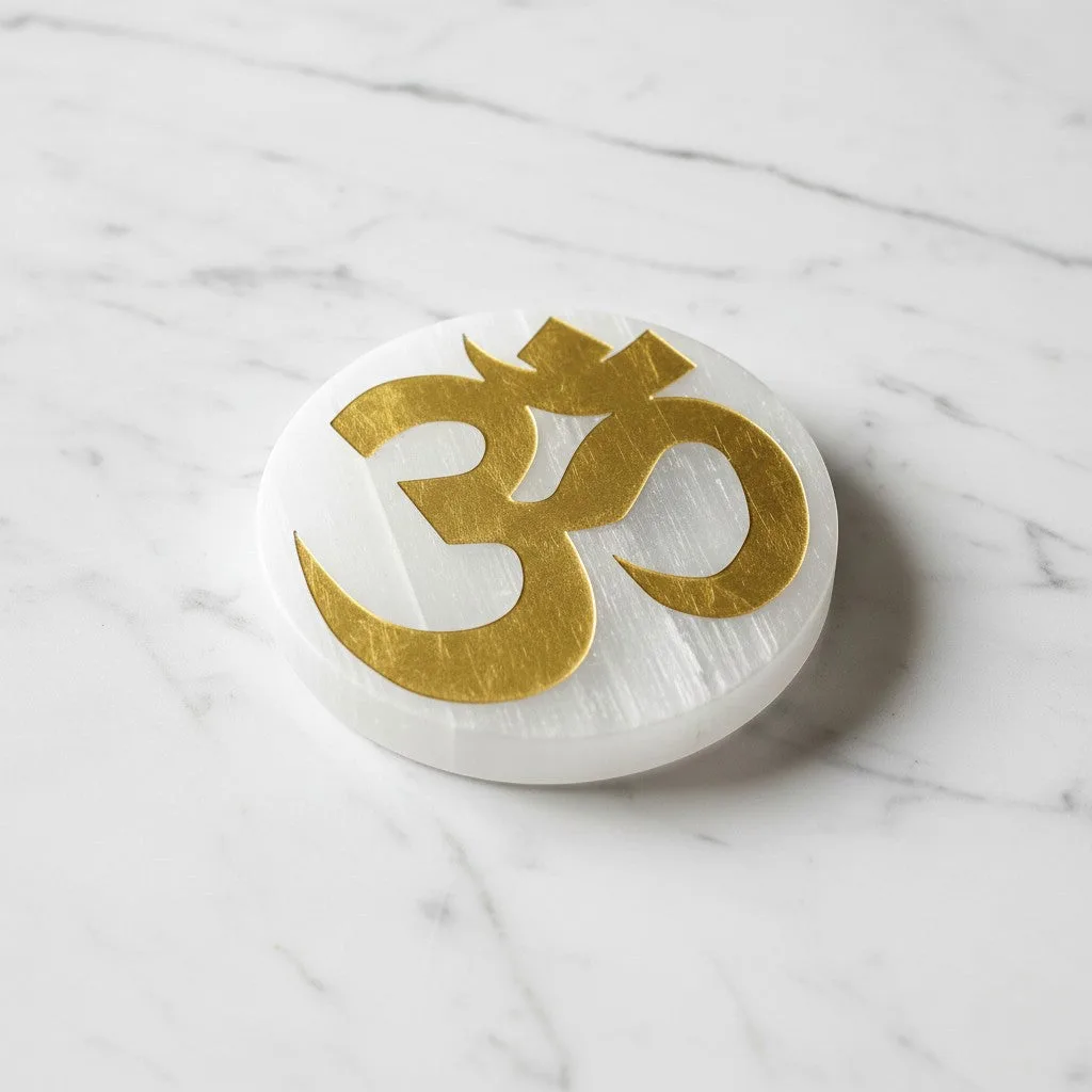 Om Symbol selenite Golden Circle plate