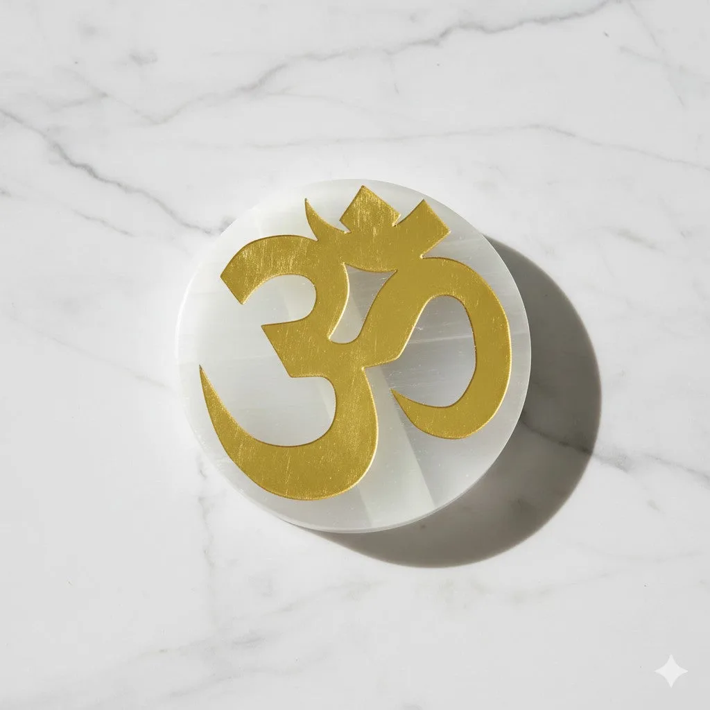 Om Symbol selenite Golden Circle plate