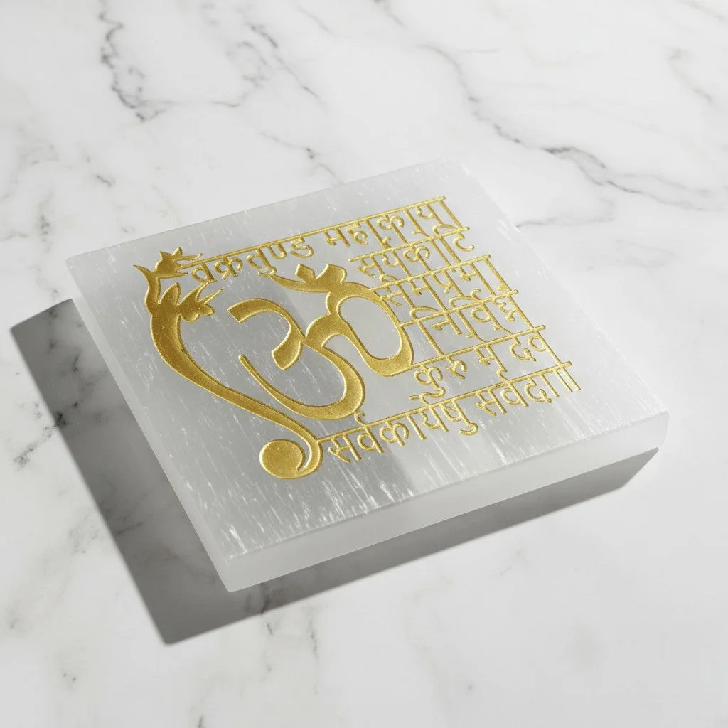 Vedic Shree Vastu Shubh selenite Golden Square plate