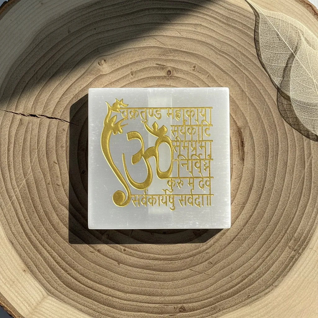 Vedic Shree Vastu Shubh selenite Golden Square plate