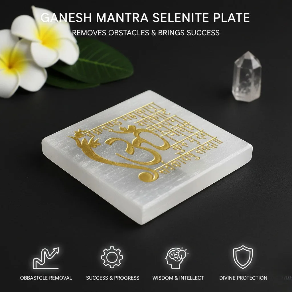 Vedic Shree Vastu Shubh selenite Golden Square plate