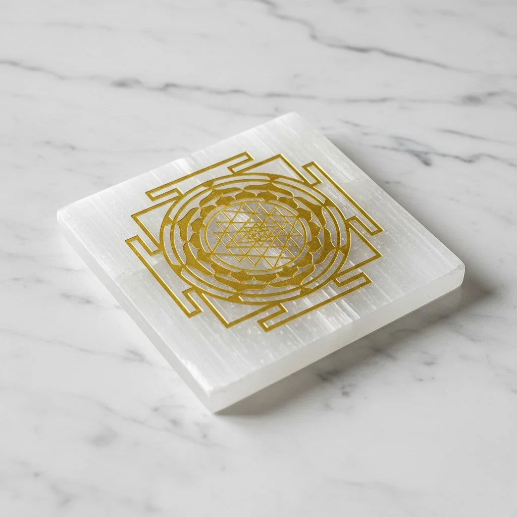 Shri Yantra selenite Golden Square plate
