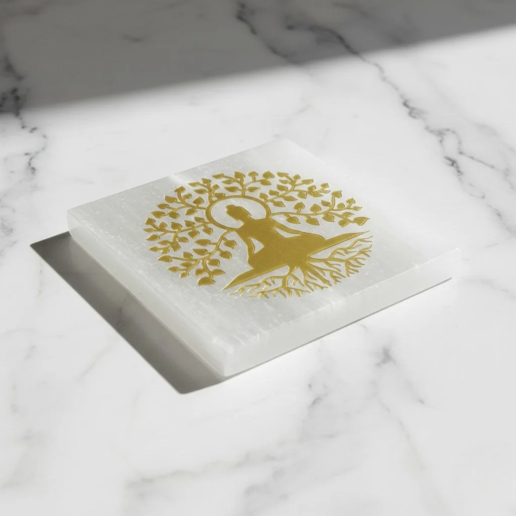 Tree Buddha selenite Golden Square plate