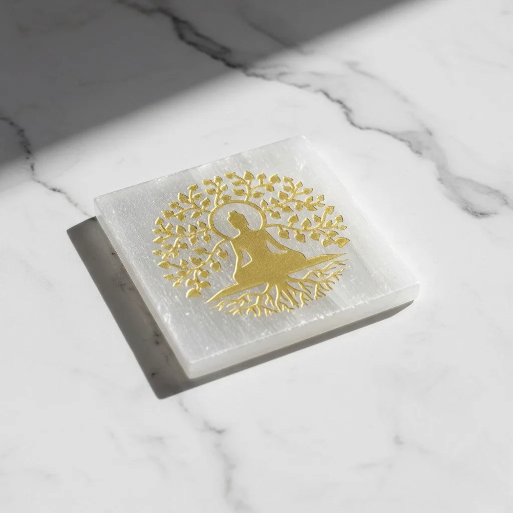 Tree Buddha selenite Golden Square plate