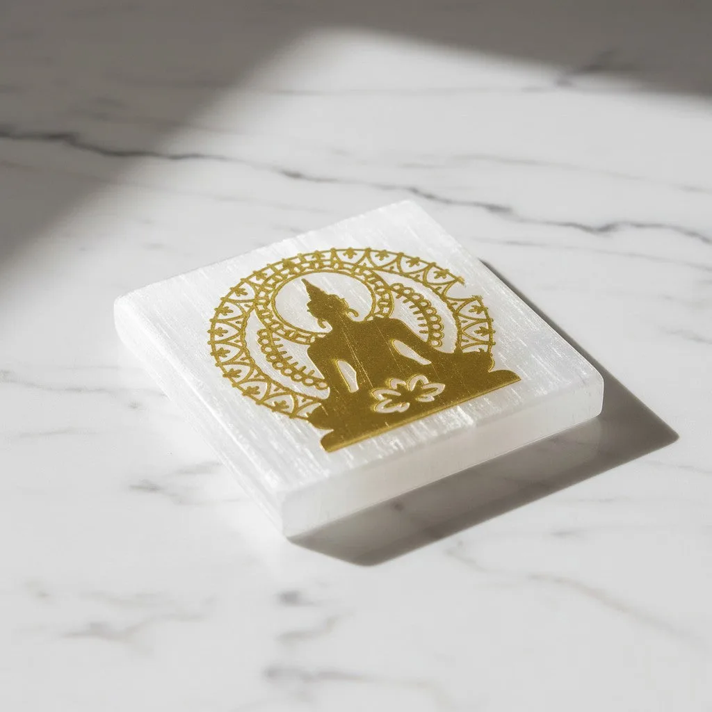 Buddha selenite Golden Square plate