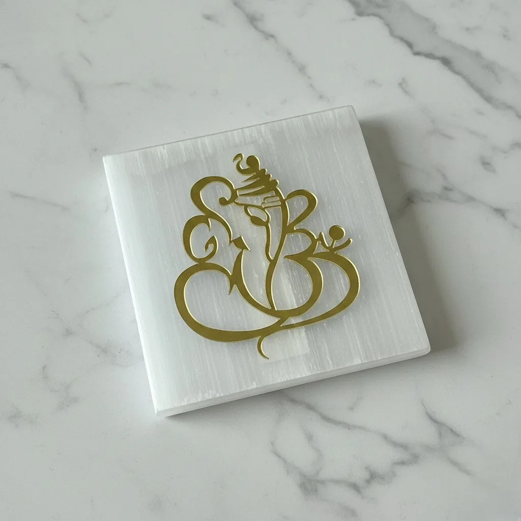 Ganesha selenite Golden Square plate