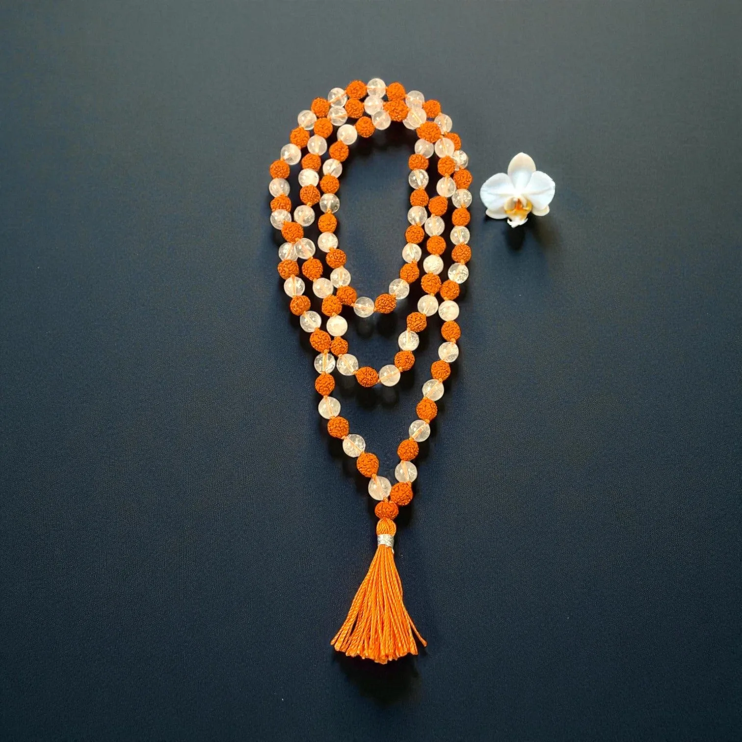 Rudraksha & Crystal Quartz Mala (108 beads) 8 mm