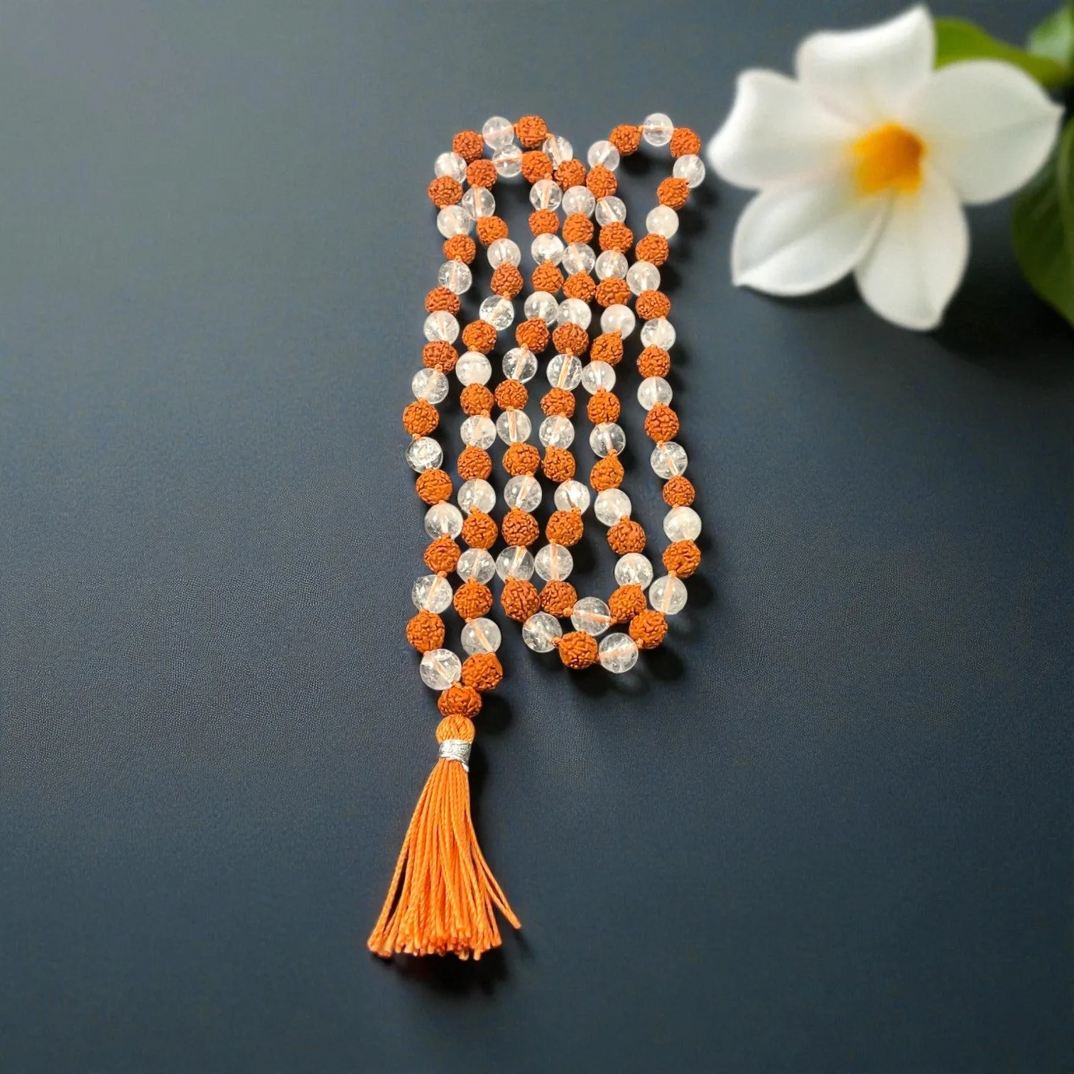 Rudraksha & Crystal Quartz Mala (108 beads) 8 mm