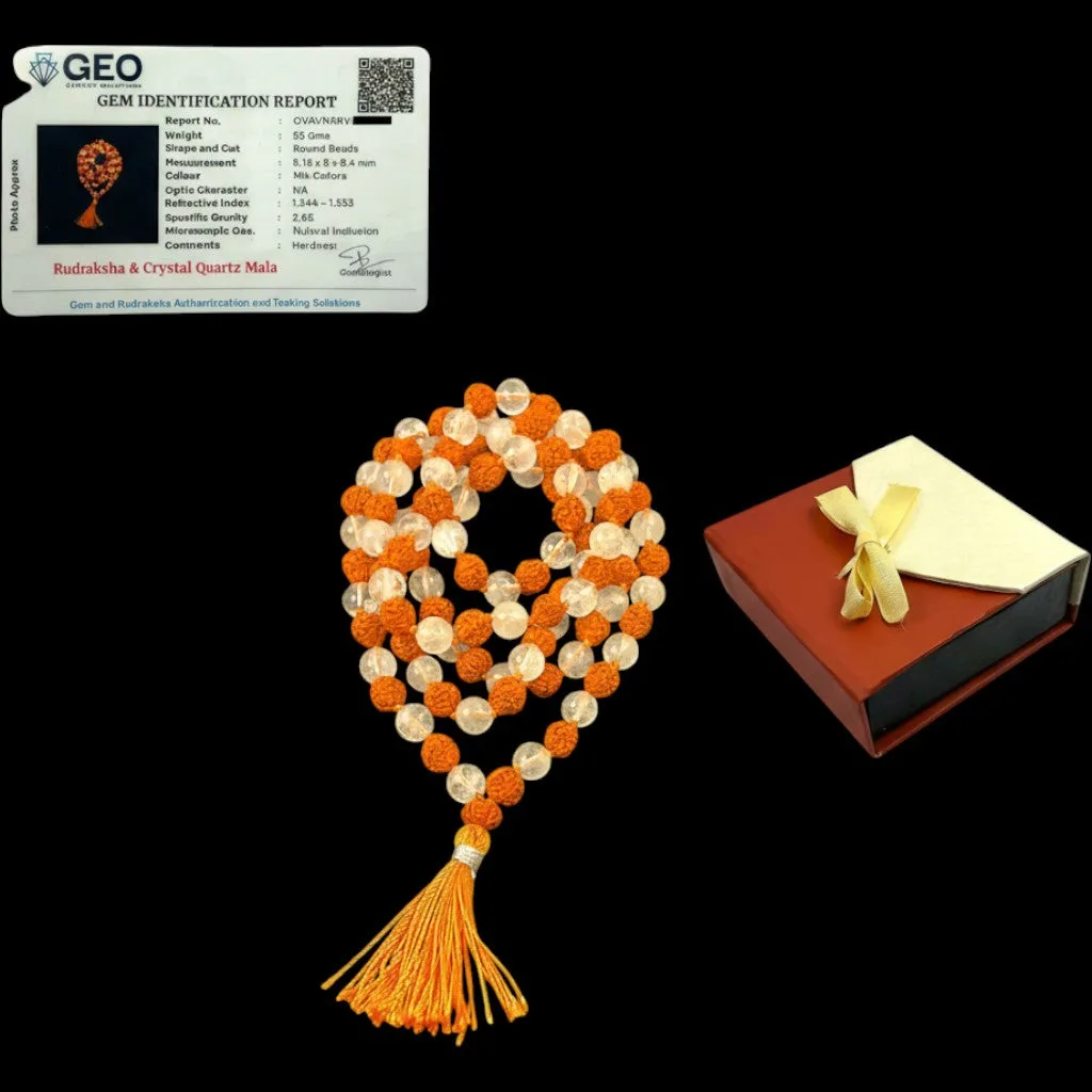 Rudraksha & Crystal Quartz Mala (108 beads) 8 mm