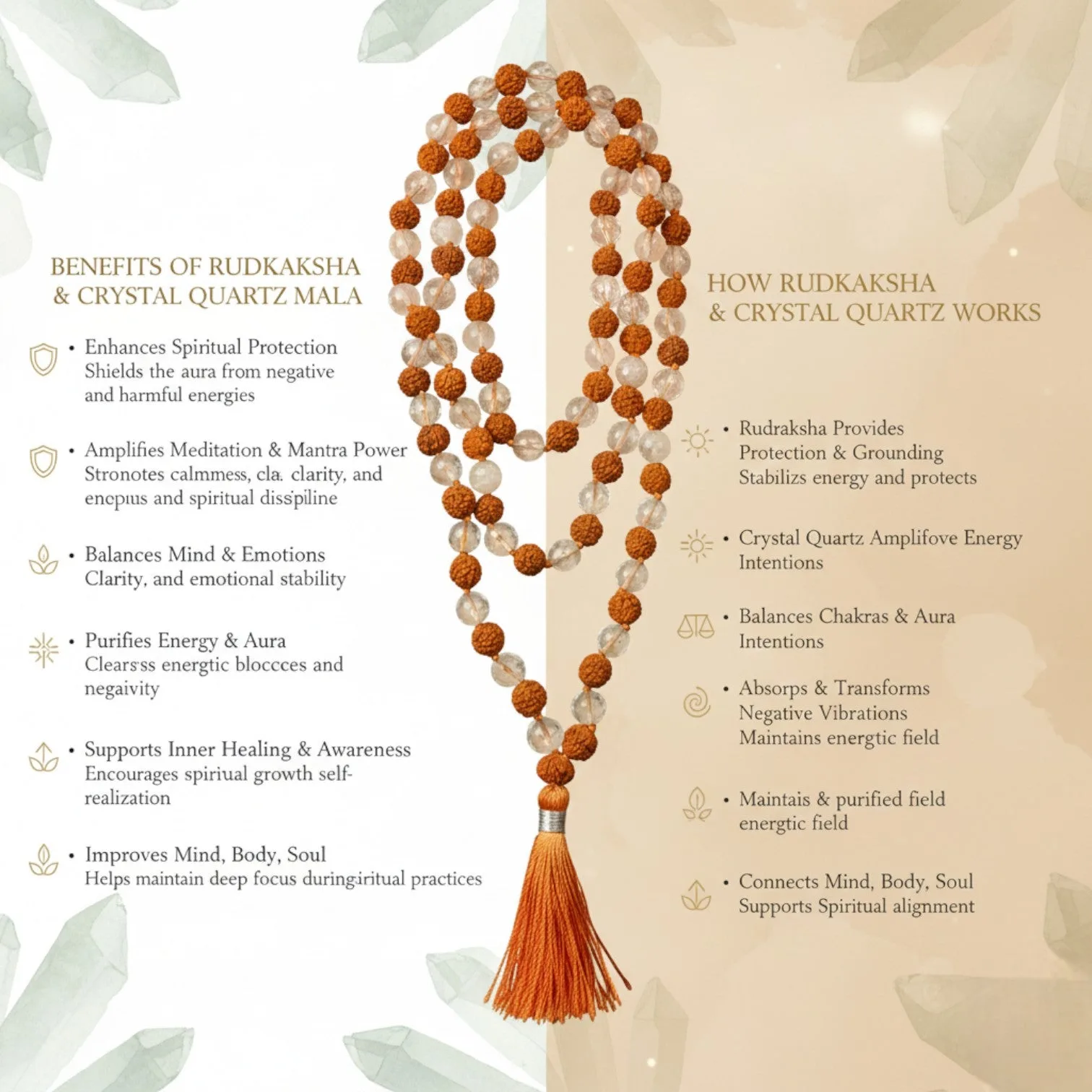 Rudraksha & Crystal Quartz Mala (108 beads) 8 mm
