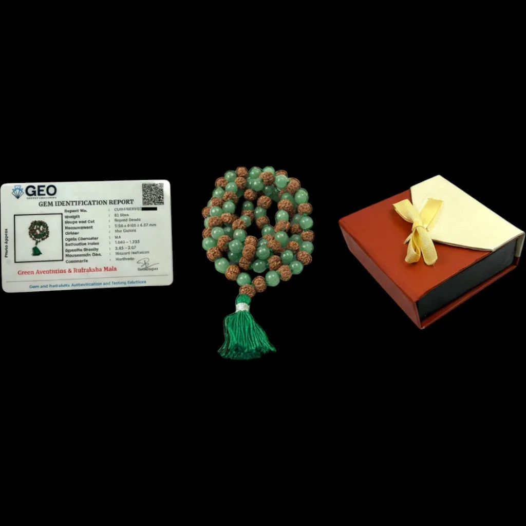 Green Aventurine & Rudraksha Mala (108 beads) 8 mm