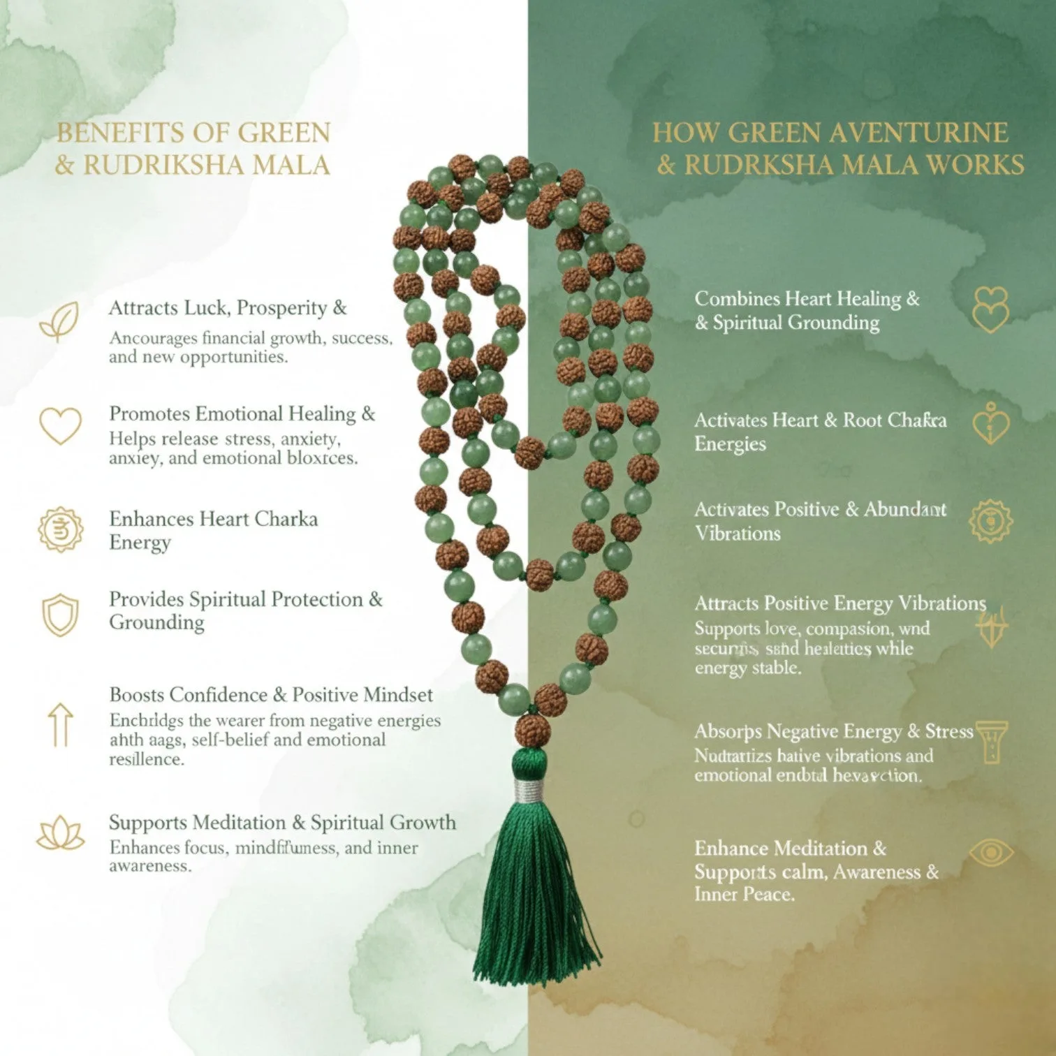 Green Aventurine & Rudraksha Mala (108 beads) 8 mm