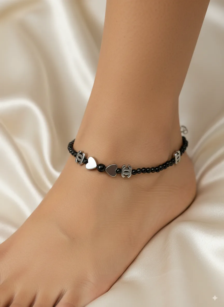 Black Bead Evil Eye Charm Anklet