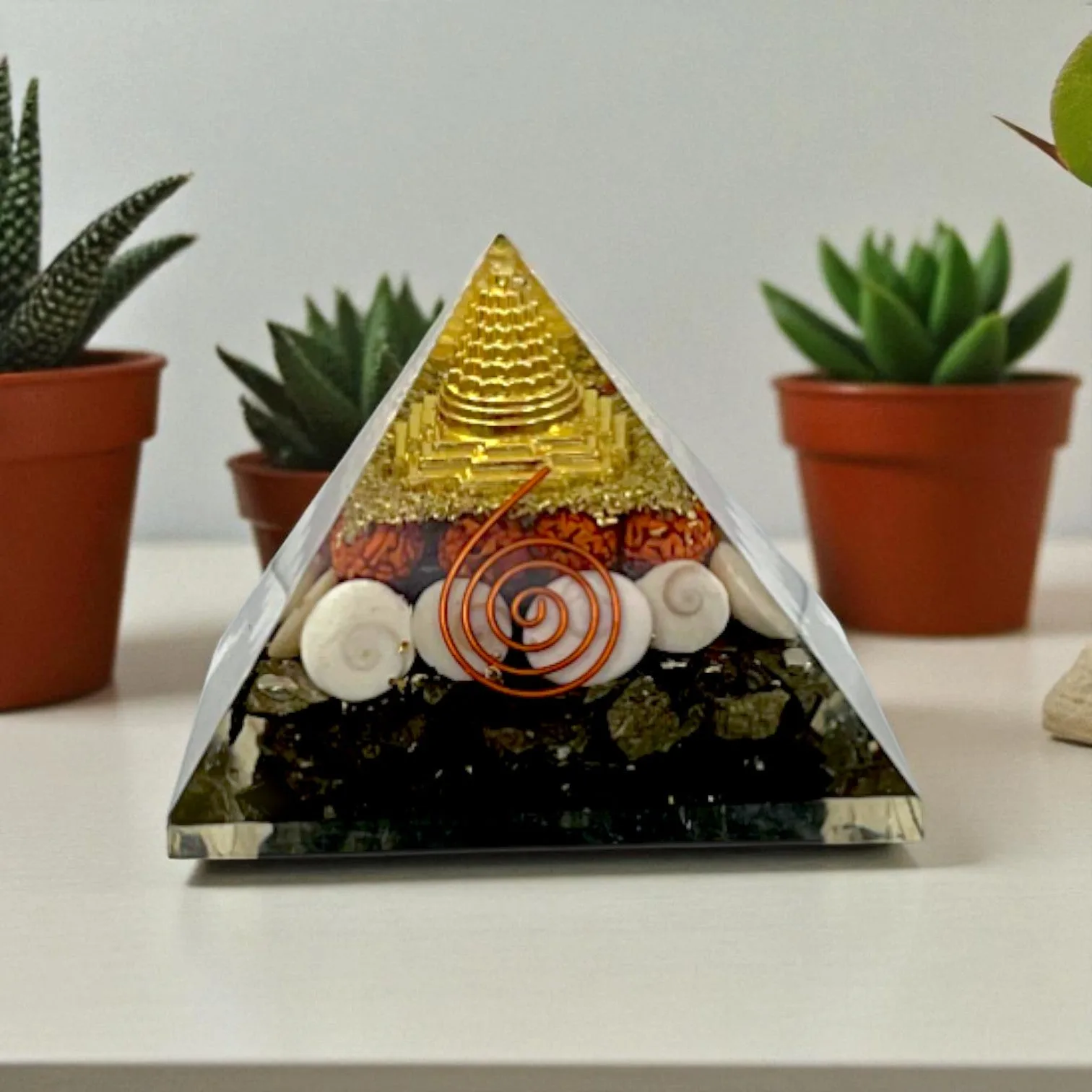 Pyrite Crystal Money Magnet Pyramid with Shree Yantra & Copper Spiral
